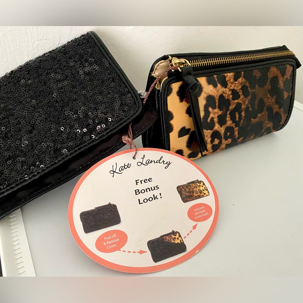 Leopard and Black Sequin Clutch 2 in 1 bag Kate Landry NWT